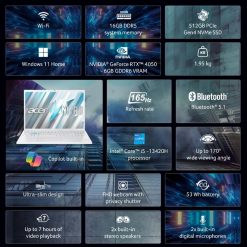 Acer Nitro Lite Gaming Laptop on EMI with Intel Core i5 13th Gen, 16GB DDR5 RAM, 512GB SSD, RTX 4050 6GB, 16-inch WUXGA 165Hz, Windows 11 Home, Pearl White