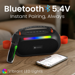 Portronics 25W Apollo 20 Wireless Bluetooth Portable Speaker price in India with karaoke mics, deep bass, RGB lights, EMI and Debit Card EMI available.