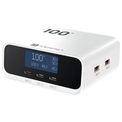 Portronics Adapto 100D 100W GaN Desk Charging Station with 5 ports, LCD display, fast PD charging, and advanced safety protection. Buy online in India.
