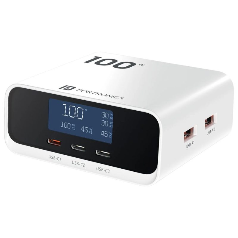 Portronics Adapto 100D 100W GaN Desk Charging Station with 5 ports, LCD display, fast PD charging, and advanced safety protection. Buy online in India.