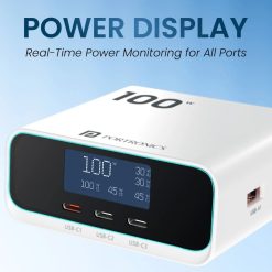 Portronics Adapto 100D 100W GaN Desk Charging Station with 5 ports, LCD display, fast PD charging, and advanced safety protection. Buy online in India.