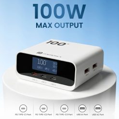 Portronics Adapto 100D 100W GaN Desk Charging Station with 5 ports, LCD display, fast PD charging, and advanced safety protection. Buy online in India.