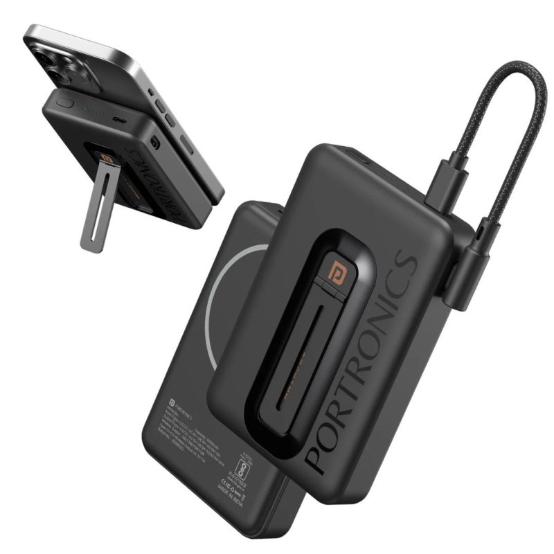 Portronics Revvo 10k 10000mah Wireless Powerbank with 15W wireless charging, 20W fast wired output, MagSafe stand, and LED display. Buy online in India.