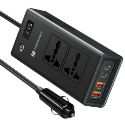 Portronics Zaptor 200W car inverter with dual AC sockets, Type-C PD, USB-A fast charging, voltage display, and safety protection. Buy online in India.