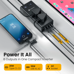 Portronics Zaptor 200W car inverter with dual AC sockets, Type-C PD, USB-A fast charging, voltage display, and safety protection. Buy online in India.