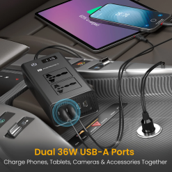 Portronics Zaptor 200W car inverter with dual AC sockets, Type-C PD, USB-A fast charging, voltage display, and safety protection. Buy online in India.