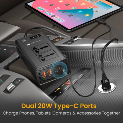 Portronics Zaptor 200W car inverter with dual AC sockets, Type-C PD, USB-A fast charging, voltage display, and safety protection. Buy online in India.