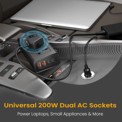 Portronics Zaptor 200W car inverter with dual AC sockets, Type-C PD, USB-A fast charging, voltage display, and safety protection. Buy online in India.