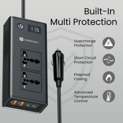 Portronics Zaptor 200W car inverter with dual AC sockets, Type-C PD, USB-A fast charging, voltage display, and safety protection. Buy online in India.