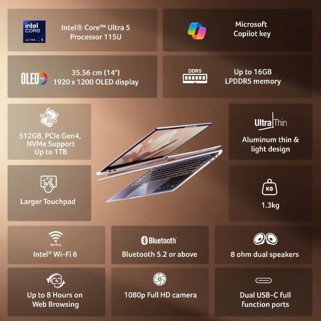 Acer Swift Neo Ultra 5 Laptop EMI in India with 16GB RAM, 512GB SSD, OLED display, Win+Office 2024. Buy Online at Best Price with EMI.