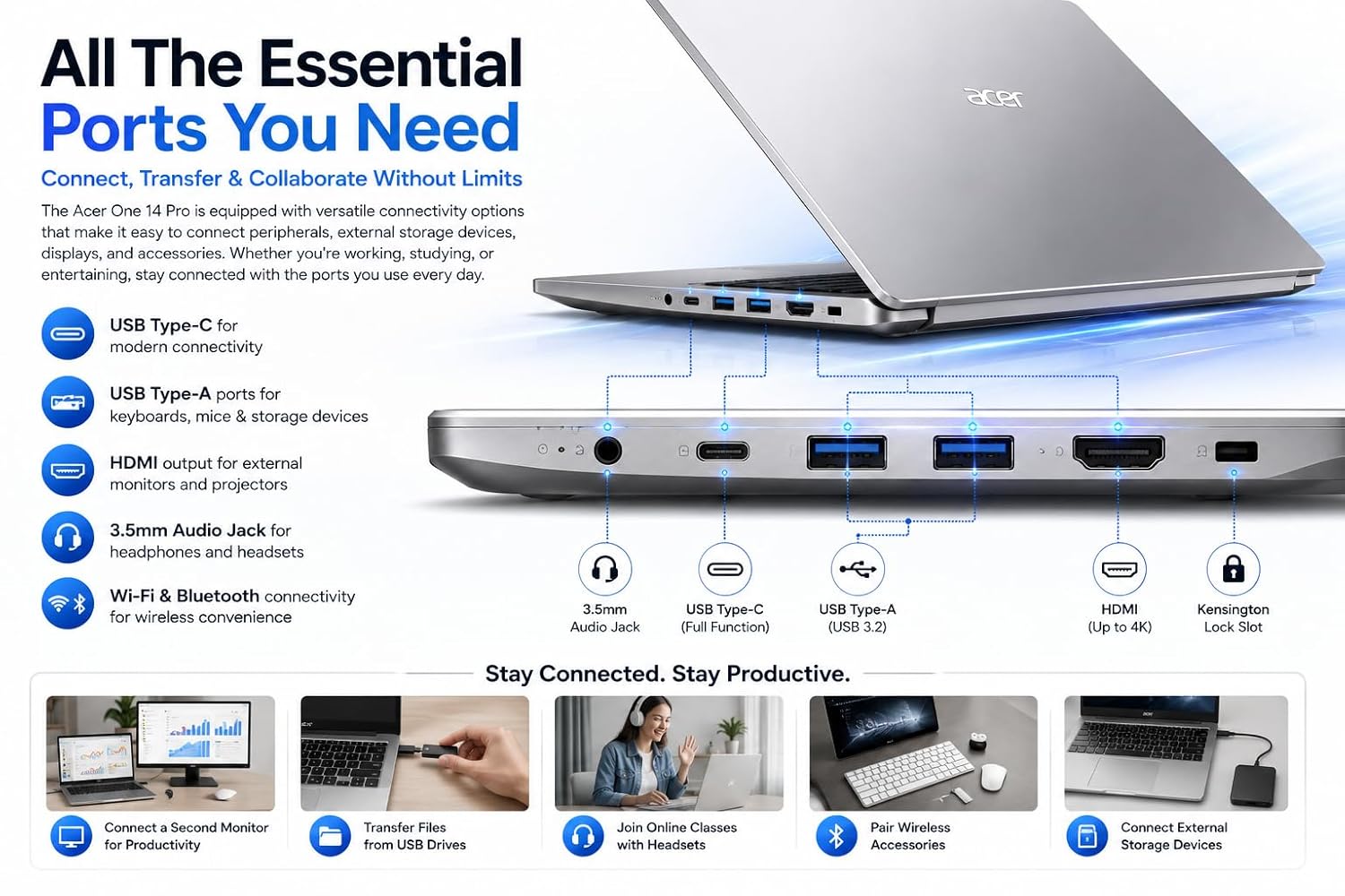 Acer AspireOne Z14-55M Laptop ( Ryzen3 7320U, 14" Display, 8GB LPDDR5, 256GB SSD, 65W Fast Type C Charger, Windows SL Home ) - Image 6